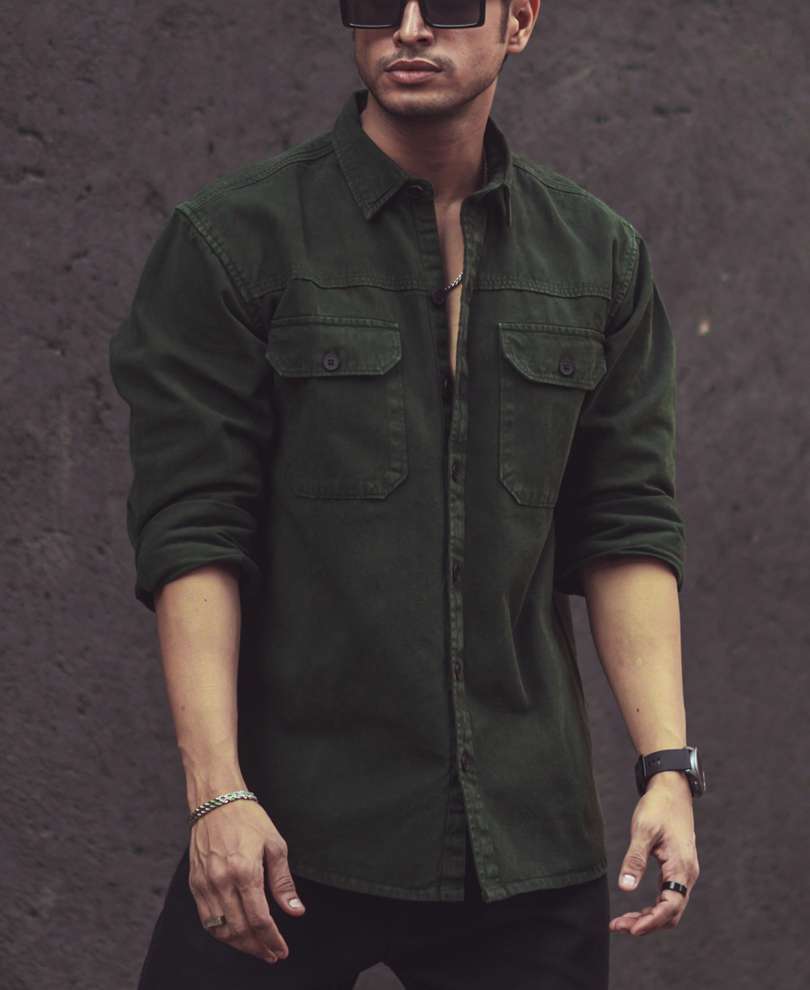 green denim shirt